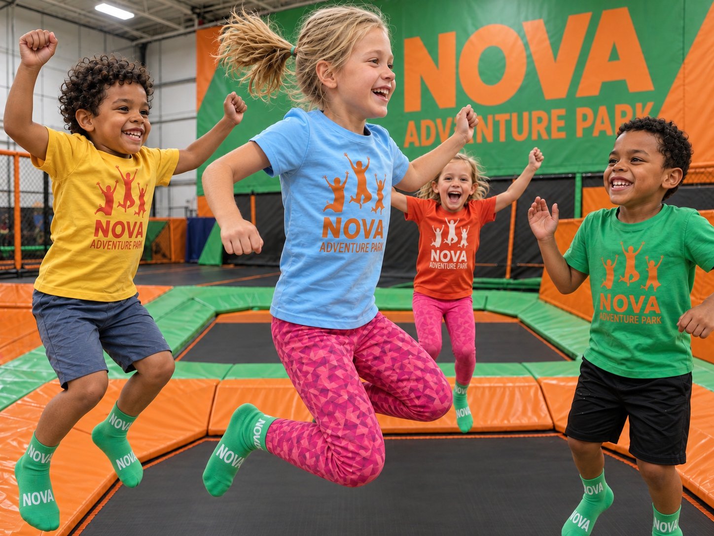 Kids in Nova Adventure Park t-shirts jumping on the trampoline court