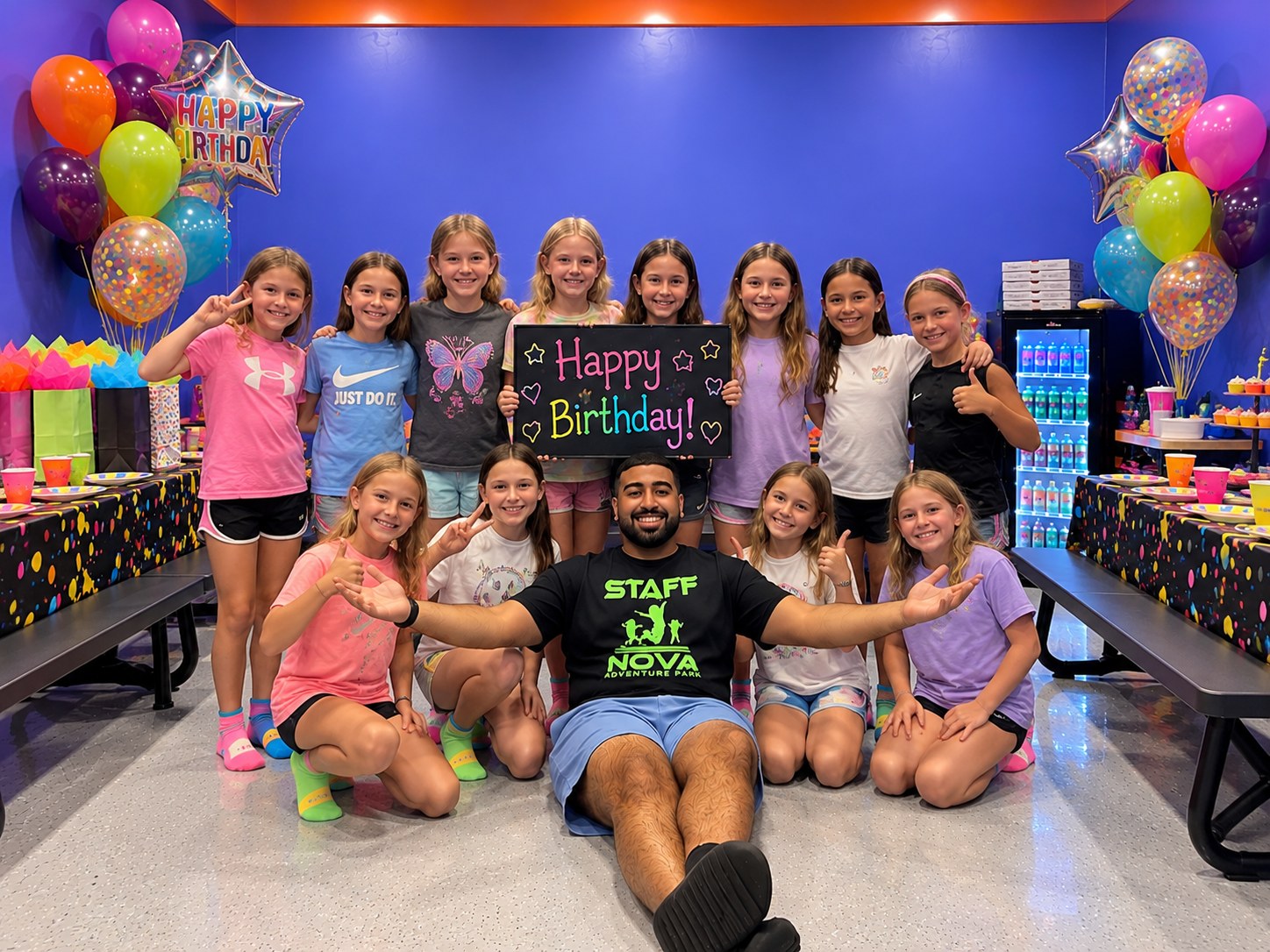Birthday party group holding a Happy Birthday sign with their Nova staff party host
