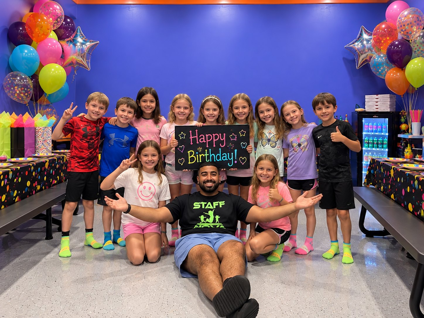 Birthday party kids holding a Happy Birthday sign with their Nova staff party host in a balloon-decorated party room