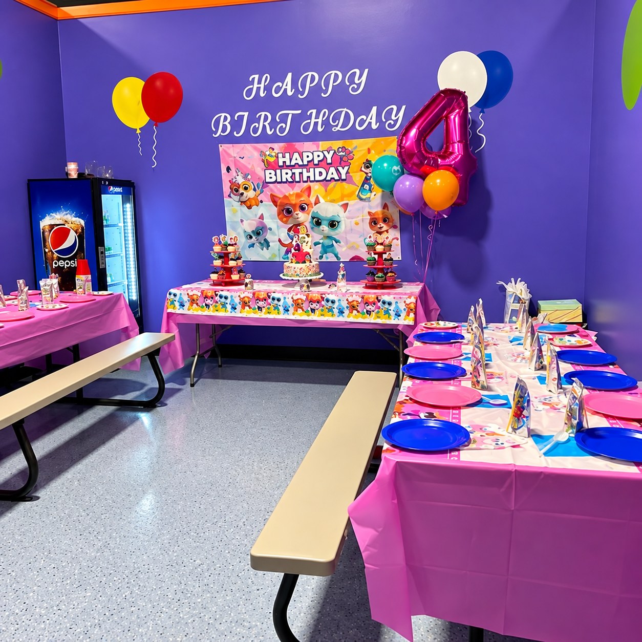 Purple Nova party room decorated for a birthday with Happy Birthday banner, balloons, cake and pink and blue place settings
